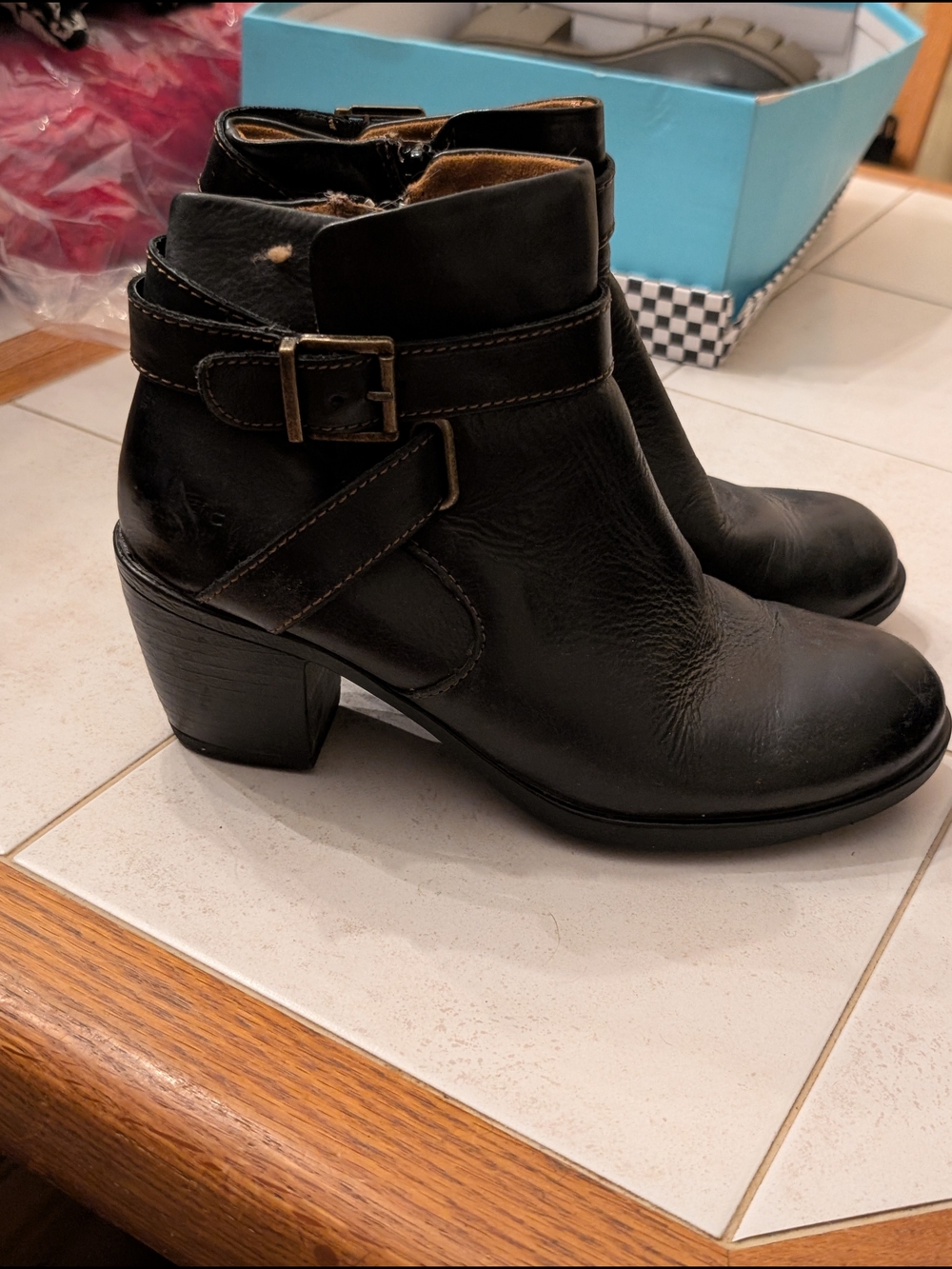 boc Black Leather Ankle Boots with Buckle Strap